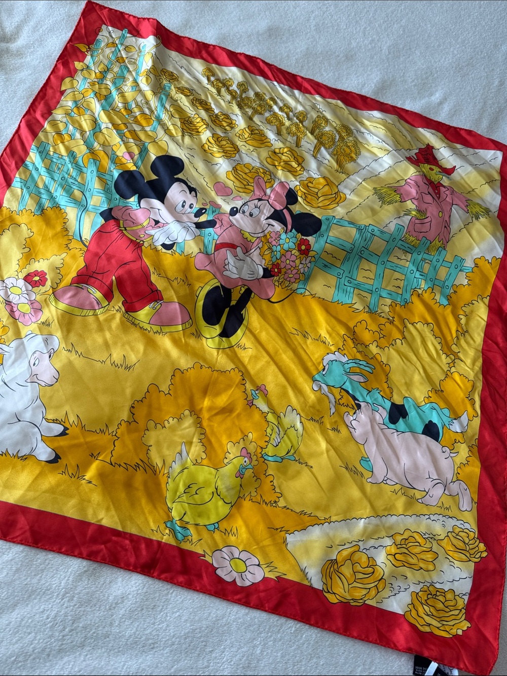 Vintage Handmade Disney Mickey Minnie Silk Scarf Red Yellow Farm Scene Chic - Picture 10 of 11